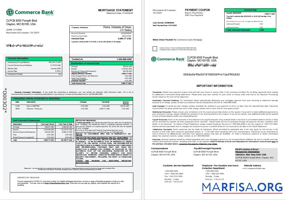 Blank USA Commerce bank mortgage statement in Word and PDF formats 1 2 sample